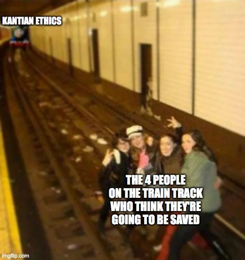A train heading down the tracks toward four people who think the lever will be pulled to save them