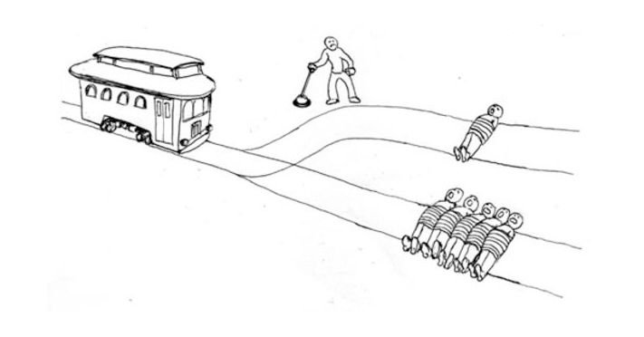 A common drawn visualization of the trolley problem