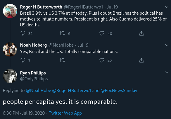 A tweet talking about Brazil and US saying, “people per capita, yes. it is comparable”